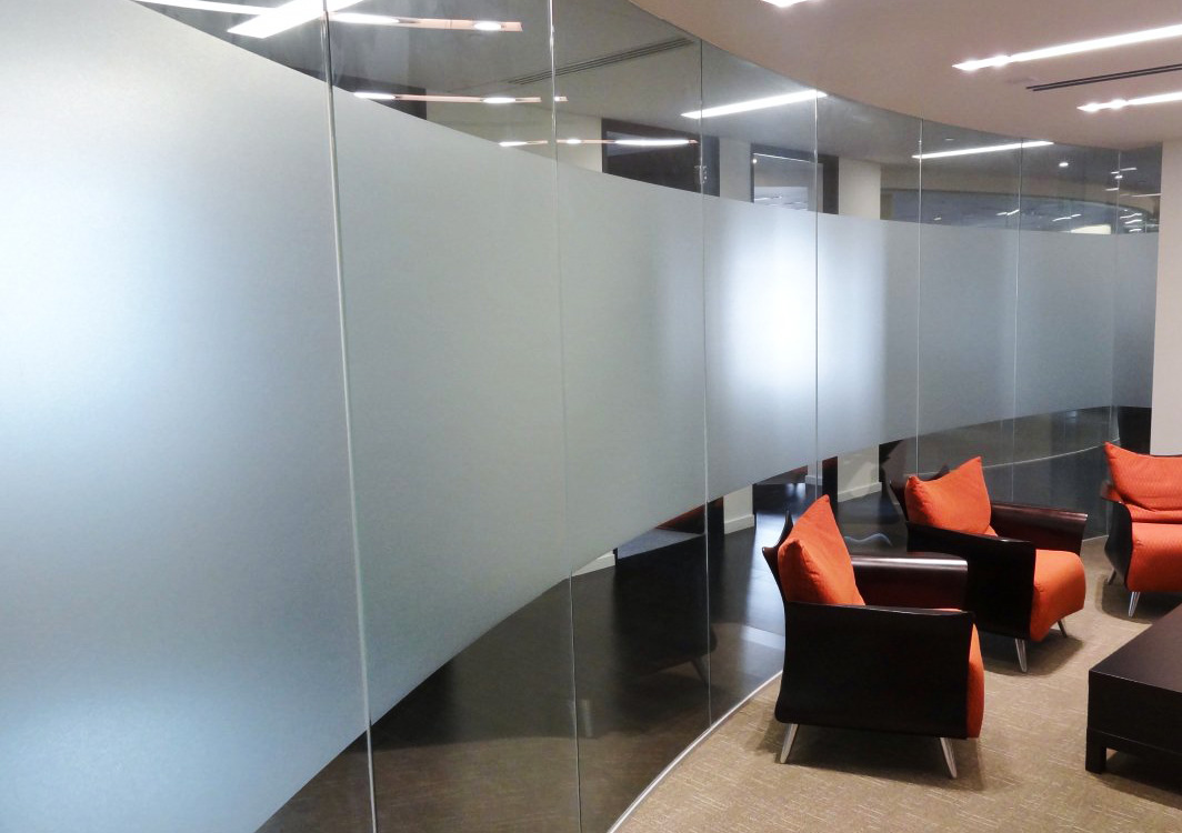 Frosted privacy film installed on office glass walls