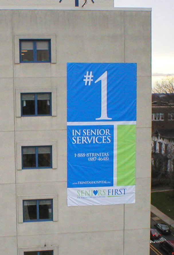 Seniors First large building banner at Trinitas Hospital